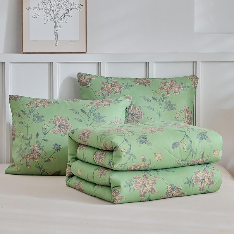 Microfiber Floral Print Comforter Set, Full Comforter + 2 Pillowcases