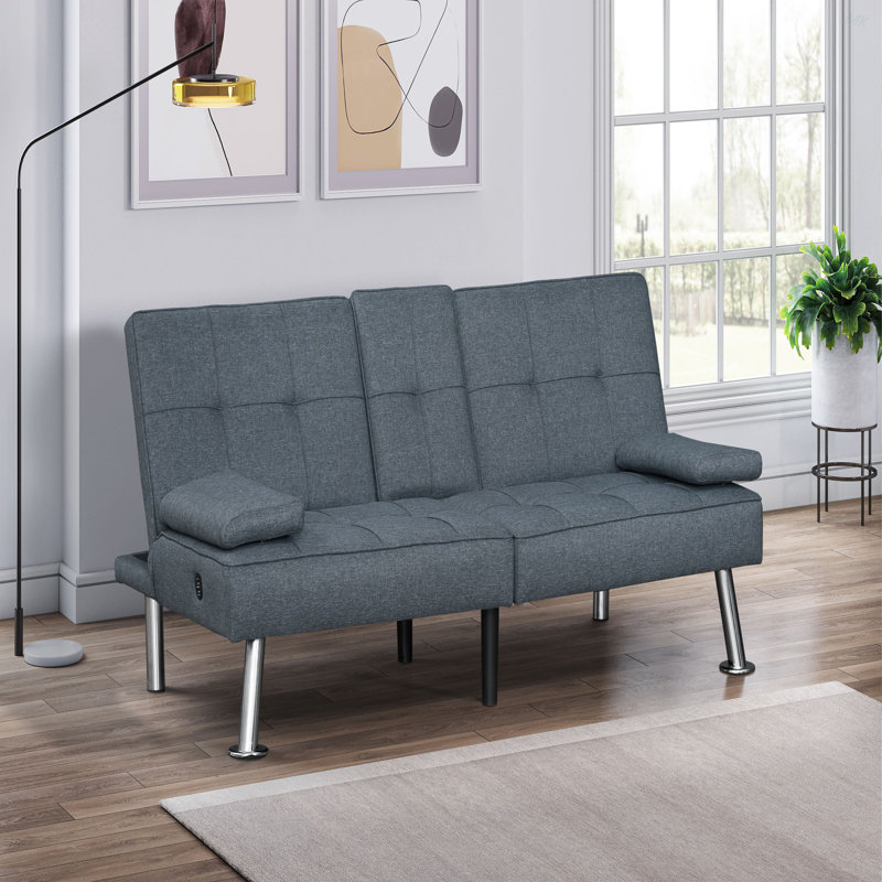 Canapé-lit convertible moderne en tissu gris avec ports USB et porte-gobelets rabattables
