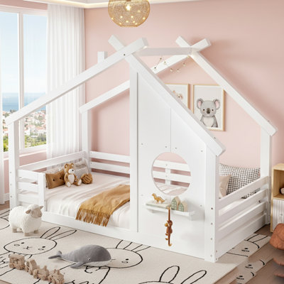 House Floor Bed With Window And Small Shelf, Solid Wood, No Box Spring Needed