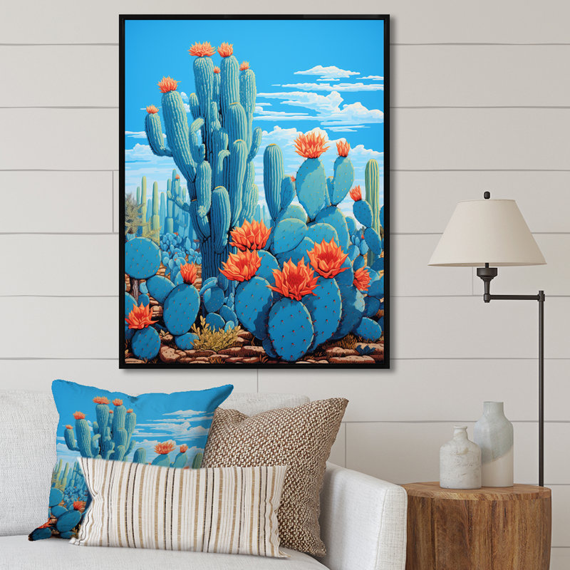 Cerulean Blue Cactus Collage sur toile, Cadre flottant noir, H 32 po x l 24 po x P 1 po