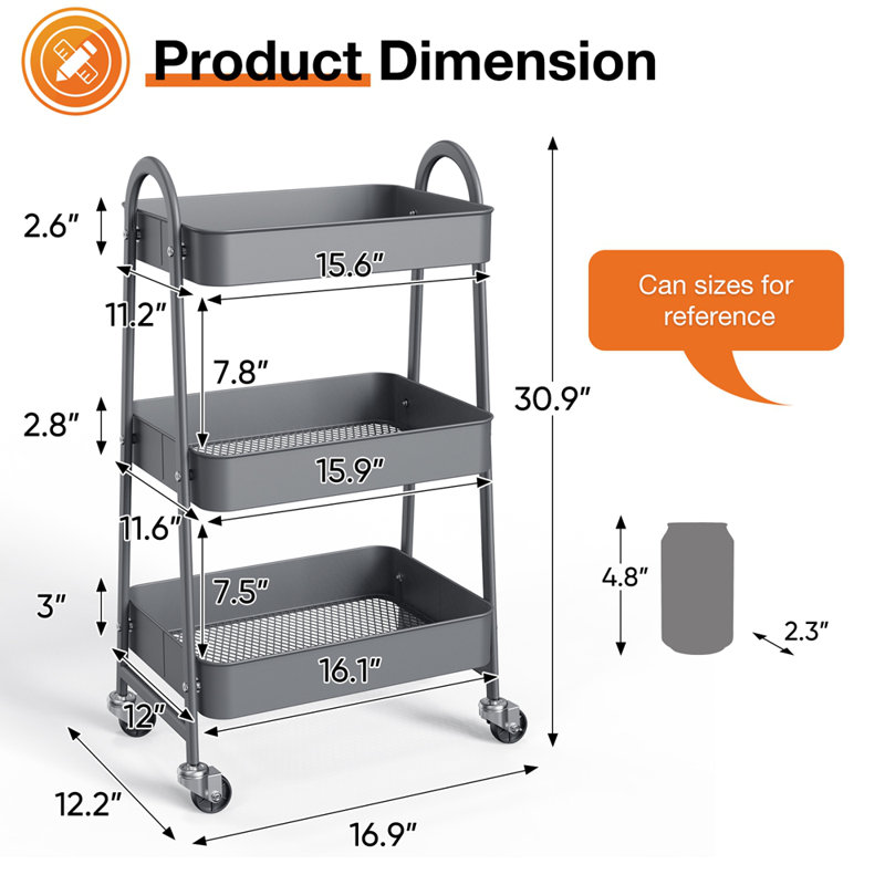 Petit chariot à roulettes 3 niveaux, organisateur de rangement utilitaire en métal, Gris