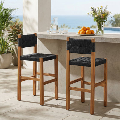 Breezia Bohemian Coastal Modern Acacia Wood and PE Wicker Rope Outdoor Bar Stools with Hand-Woven Seats