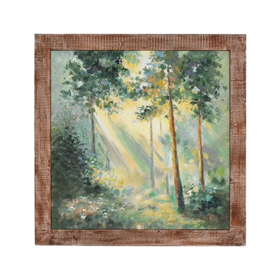 Hand-Painted Morning Forest Canvas Wall Art with Distressed Fir Wood Frame for Living Room, 39.4"x39.4"