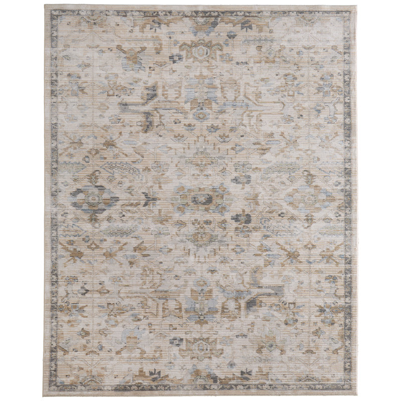 Tapis de couloir Thara, motif floral et botanique traditionnel, ivoire / brun clair / bleu, 2 pi 6 po x 7 pi 3 po