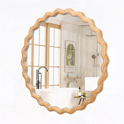 Round Wavy Wall Mirror – 27.5", Farmhouse, Whitewash Edge