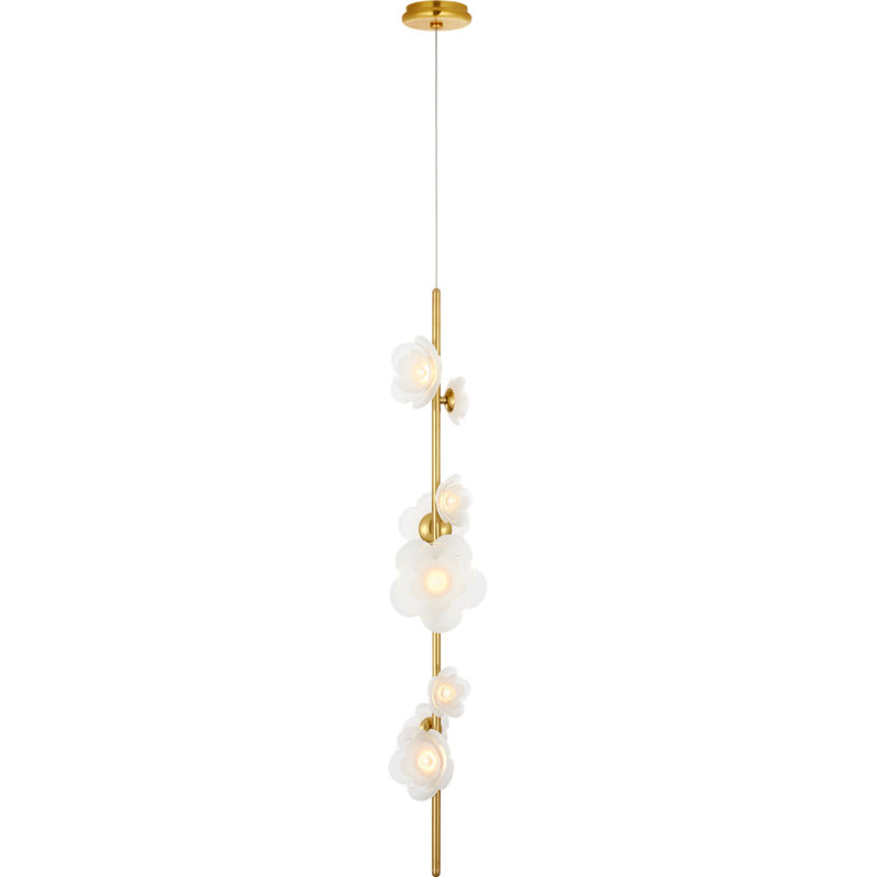 Petaluma 7" Vertical Pendant with Etched and Clear Glass Flowers, Soft Lacquered Brass