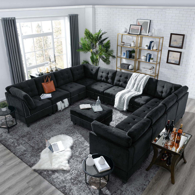 Canapé modulaire rembourré 13 pièces Georgeanna, Velours noir