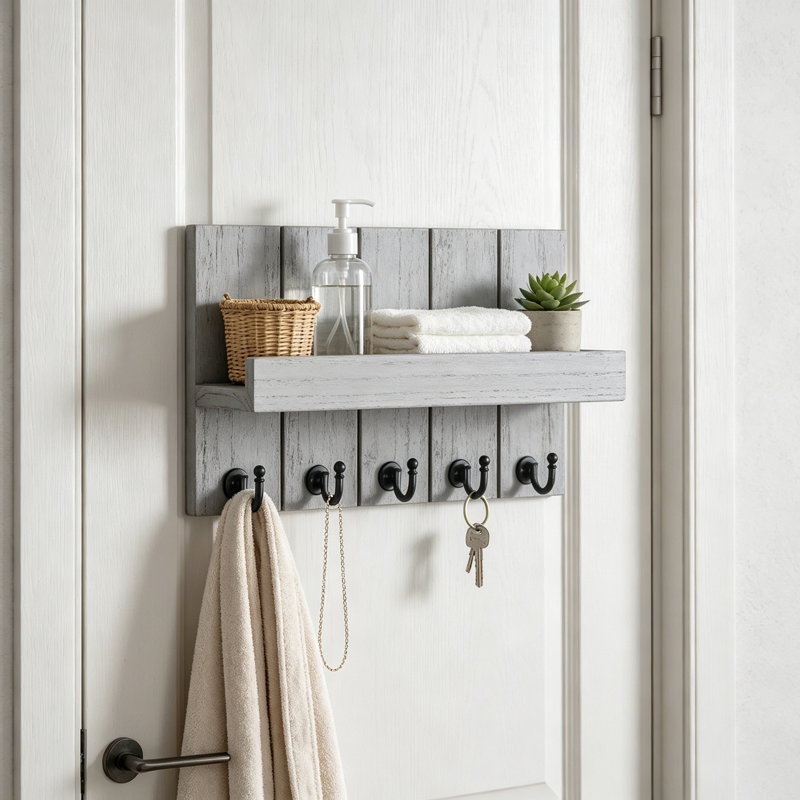 Porte-clés mural avec tablette pour le salon, organisateur de courrier rustique de ferme et tablette flottante avec crochets, décor essentiel d'appartement
