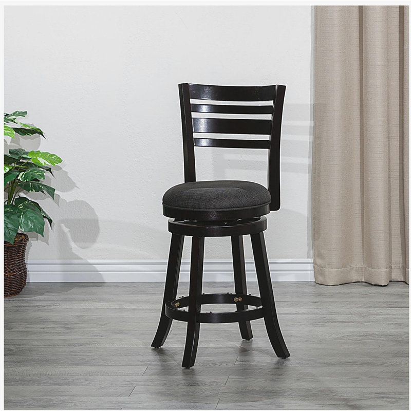 Tabouret pivotant à dossier en lattes, finition espresso, siège en tissu gris anthracite, Espresso