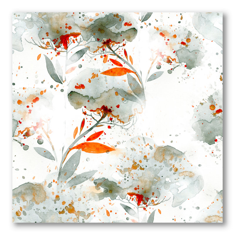 Fleurs vertes et orange I - Peinture sur toile, H 30 po x l 30 po x P 1 po, Toile tendue