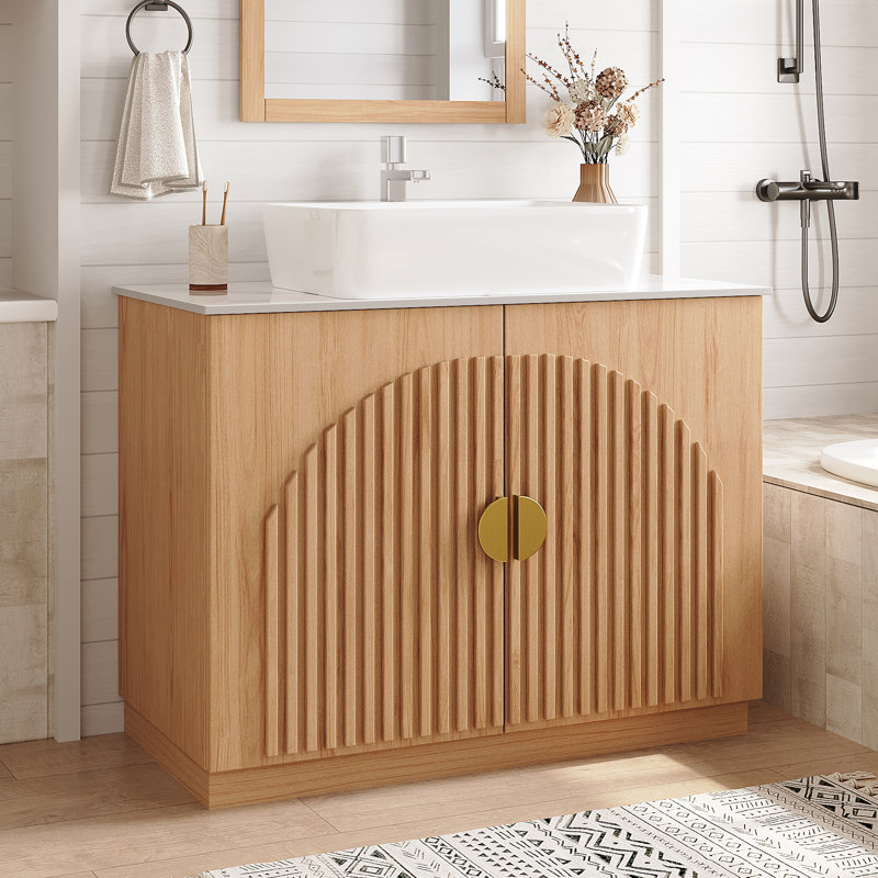 36" Vintage Brown Walnut Bathroom Vanity Base with Stone Countertop, Ceramic Sink, Included Drain & Adjustable Shelf