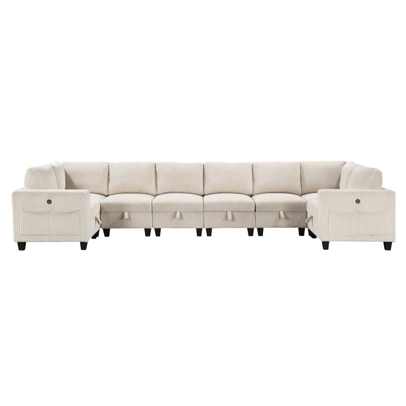 Beige Corduroy 8 Sectional With Storage, Charging Ports, Side Pockets & Solid Wood Construction Couch Storage Seats, Pockets, Ports In