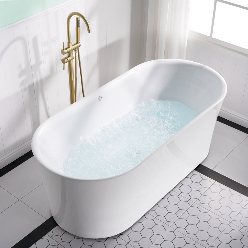 Baignoire autoportante blanche 67 po x 31,5 po avec massage par bulles d'air et éclairage DEL