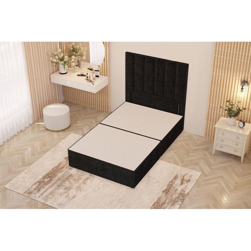 Asterin Divan Bed Base with 54" Floor Standing Headboard Plush Velvet, Black, Small Double (4'), No Drawers