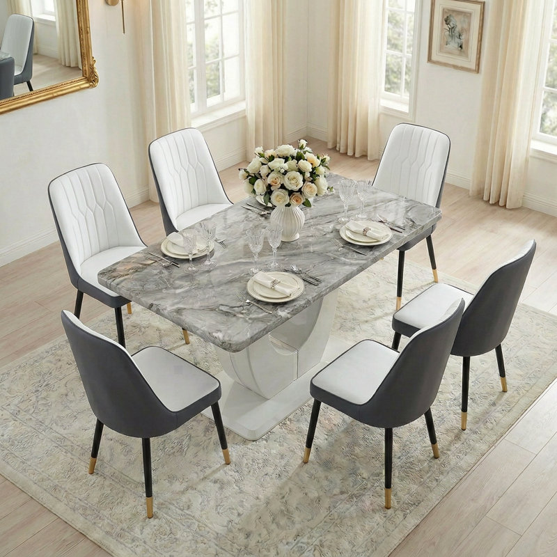 Modern 7-Piece Dining Set with Faux Marble Table and 6 Upholstered Faux Leather Chairs, Gray, White/Dark Gray