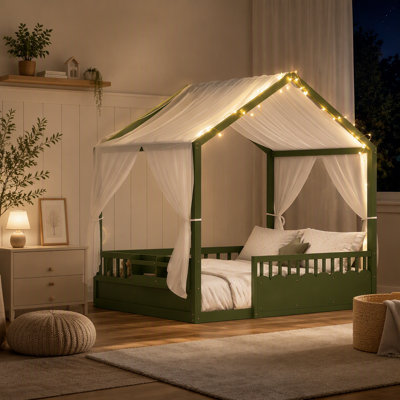 Lit Montessori au sol pour enfant (taille simple), cadre de lit cabane en bois avec barrières de sécurité et porte, guirlande lumineuse intégrée et tablette, lit bas, sans sommier, vert