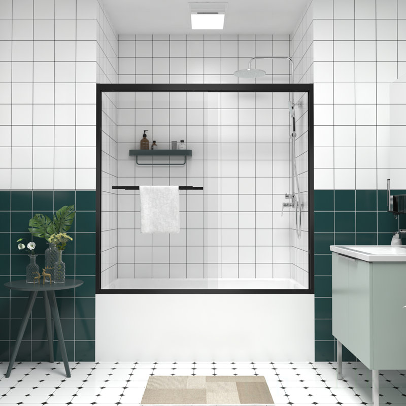 Pare-baignoire coulissant réglable en aluminium avec verre trempé transparent, quincaillerie noire et conception imperméable pour salles de bain modernes, porte de douche