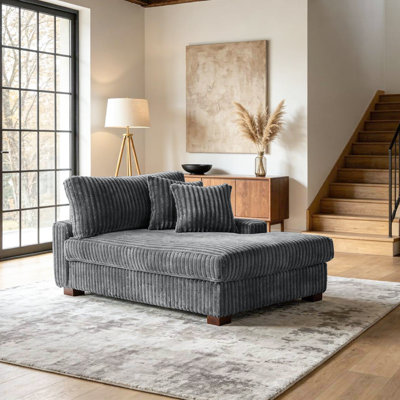 Stephania Oversized Upholstered Gray Faux Rabbit Fur Flannel Chaise Lounge with Armrests & Throw Pillows