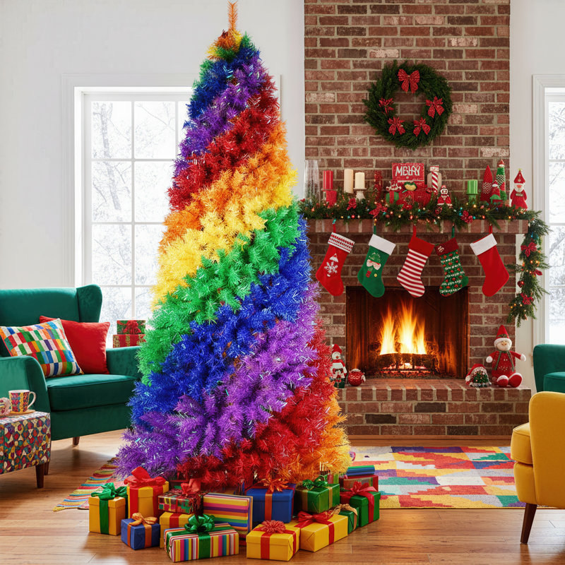 Arbre de Noël artificiel en spirale multicolore Rainbow, H 7,5 pi, Rouge / jaune / vert / mauve
