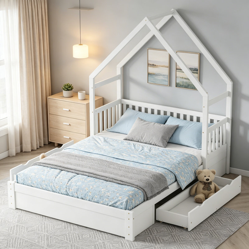 Grand lit plateforme en bois robuste avec garde-corps et tiroirs de rangement, blanc, Blanc