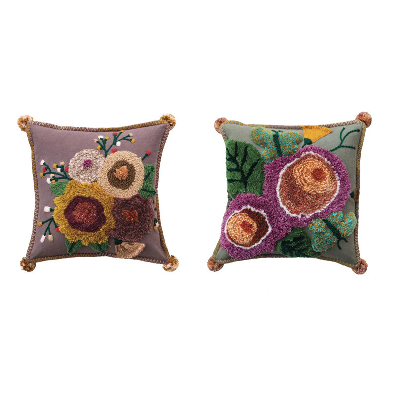 Embroidered Multicolor Floral Cotton Square Throw Pillows Set
