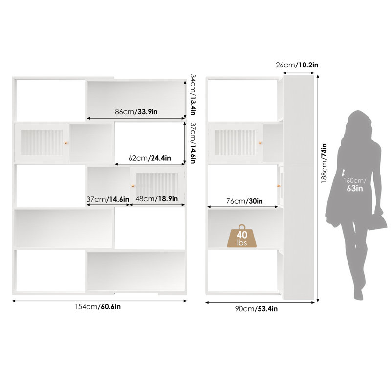 74" H 2-In-1 Bookcase, L-Shaped, 5-Tier Corner Bookshelf, White