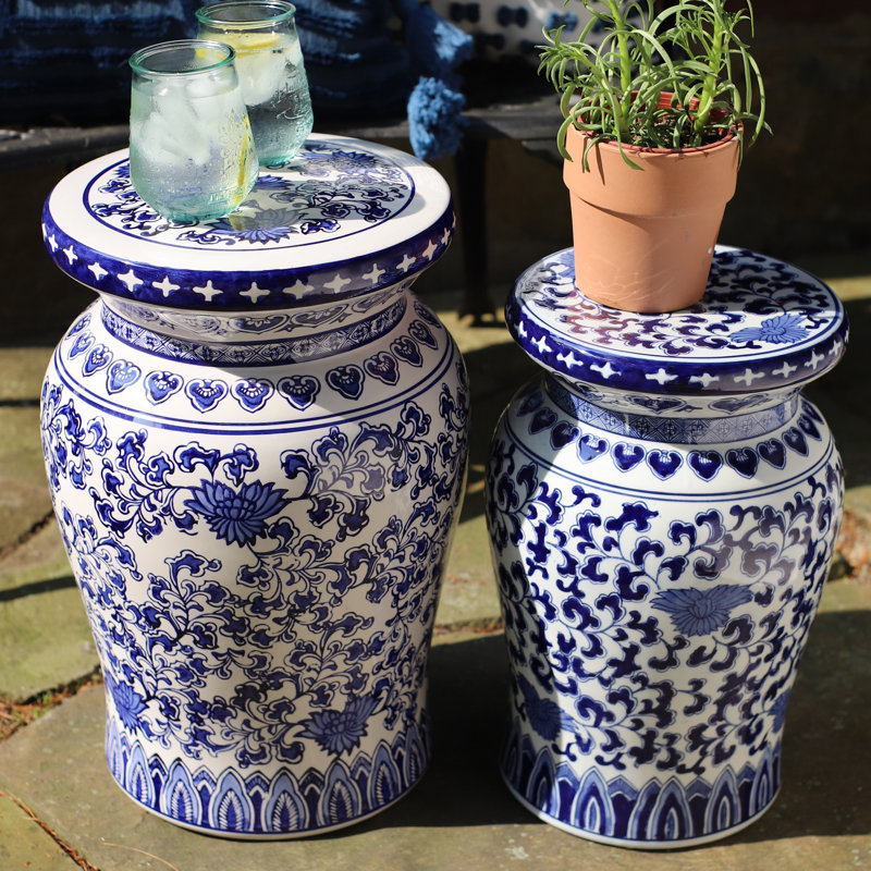 Blue Garden 18" Lotus Floral Ceramic Podium Decorative Garden Stool