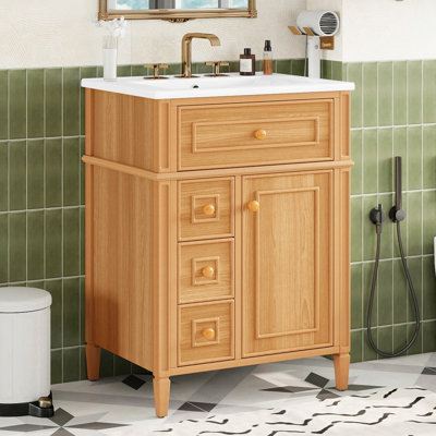 Meuble-lavabo de 61 cm avec lavabo, meuble en bois avec tiroir rabattable, 2 tiroirs à fermeture douce, 1 porte à fermeture douce, bois massif et MDF, poignées élégantes en bois