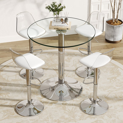 Tempered Glass Round Bar Table Set With Lift And 360° Rotating Chairs
