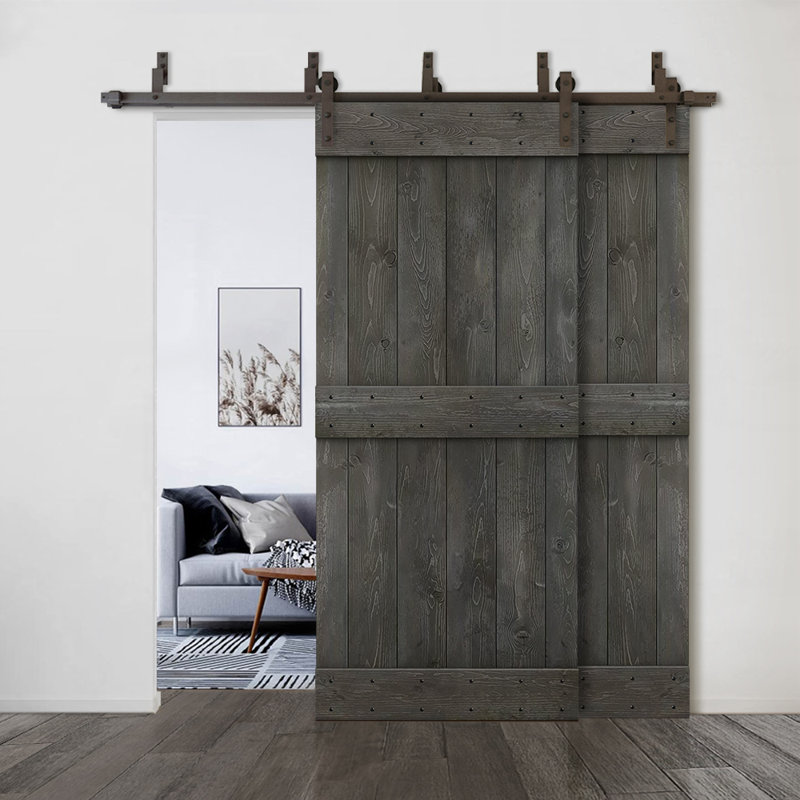 Panelled Wood Stained Mid-Bar Series Bypass Double DIY Barn Door with Sliding Hardware Kit, 96" x 84", Carbon Grey