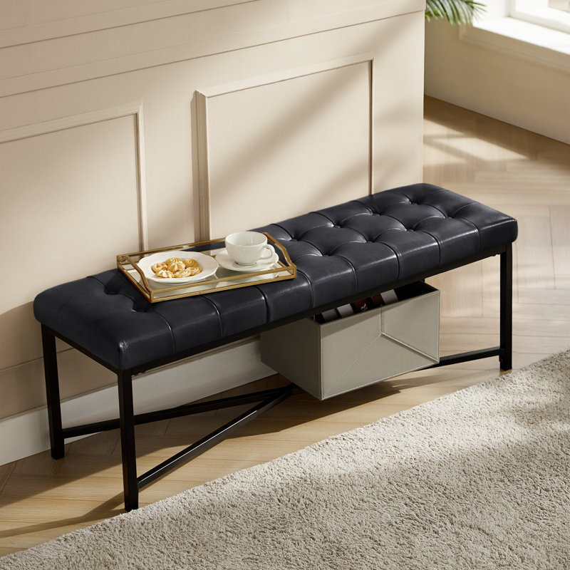 Anahli 50.5'' W Modern Genuine Leather Bench with Button-tufted and Metal Legs, Black