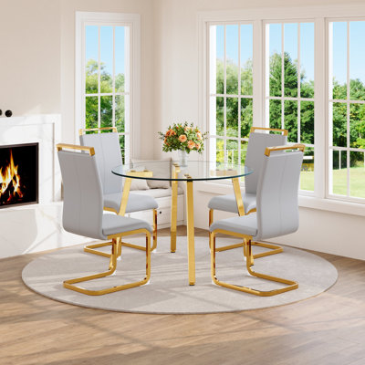 Modern Round Dining Room Table Set, Tempered Glass Top Dining Table And Chairs With Gold Metal Legs