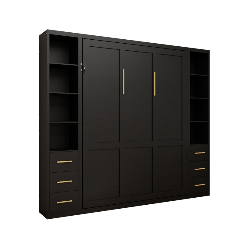 Lit escamotable noir pleine grandeur avec tablettes de rangement et lit mural multifonctionnel pliable pour les petits espaces
