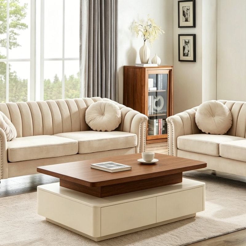 51" Rectangular Wood Coffee Table With Storage, Mid-Century Modern Coffee Table With 4 Drawers