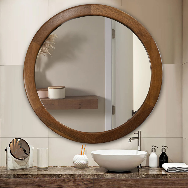 Miroirs ronds 30 po, miroir de meuble-lavabo mural en bois avec cadre en noyer, miroir en bois pour salle de bain, salon ou entrée (brun noyer)