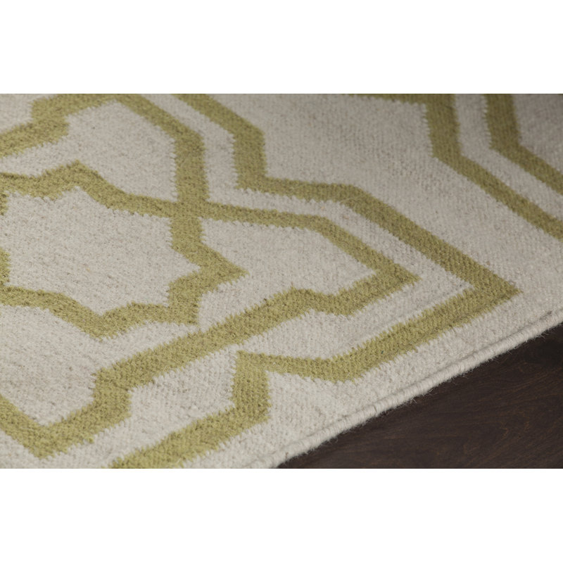 Chevella Authentic Handmade Green Reversible Geometric Shapes Ivory Wool/Cotton Blend Flatweave Indoor Area Rug, 3' x 5'