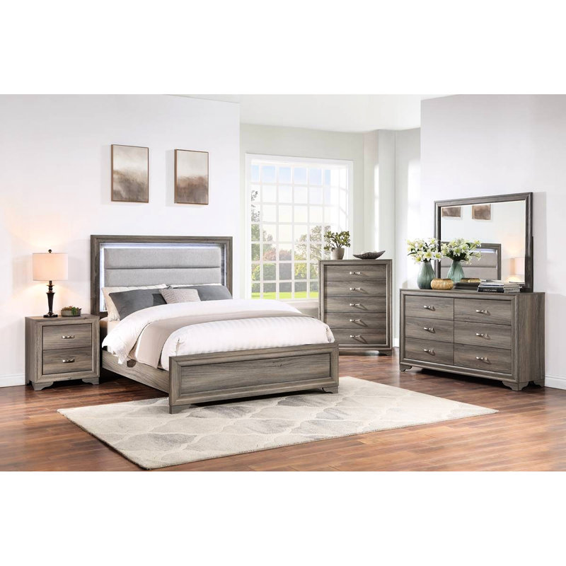 Brown, Burlap, Queen Bed, Led - Illuminated, Horizontal Tufting Headboard, Modern Bedroom Furniture, No Box Spring Style, Design, Lights, Spring,