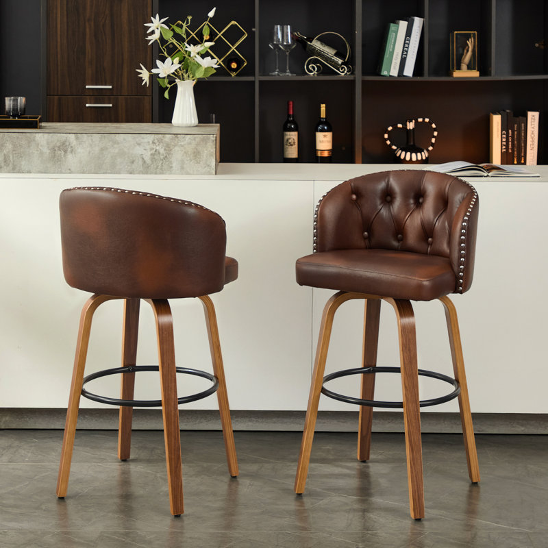 Swivel Bar Stool With Curved Wood Legs, Upholstered Tufted Back, And Nailhead Trim, Brown, Bar Stool (28" Seat Height)