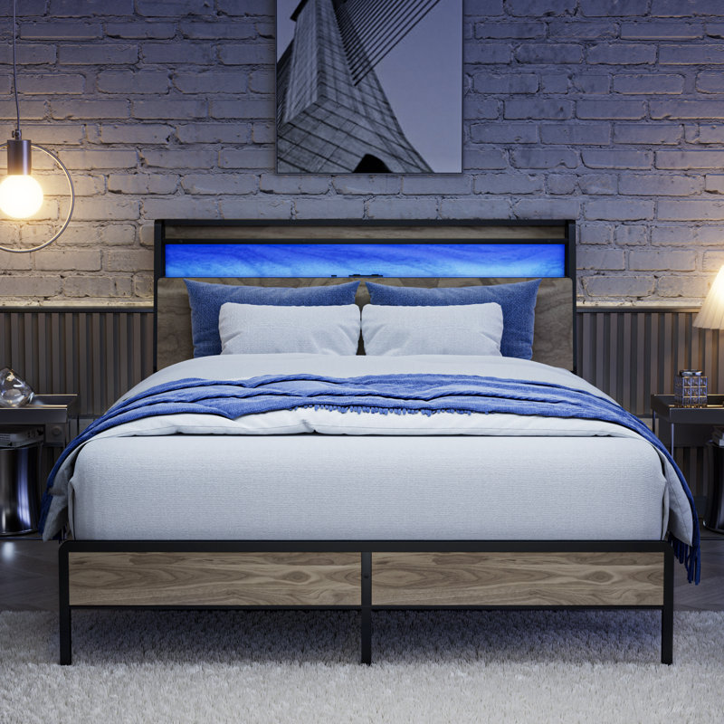  Platform Metal Bed Frame with RGB Lights and 2-Tier Storage Wooden Headboard, Queen