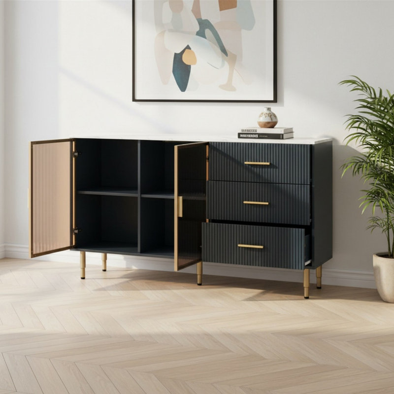 Buffet Modern 60,01 "avec plateau autocollant en marbre et portes en verre trempé jaune ambré pour le salon, le vestibule