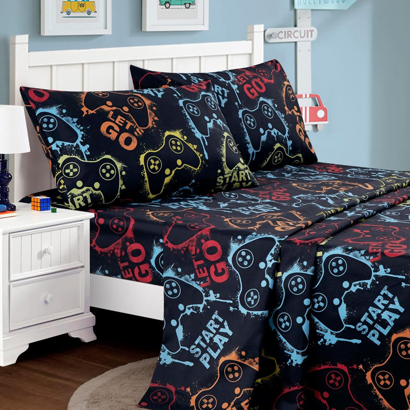 Fun Kids Teens Microfiber Sheet Set, Black Gamepad, Queen Sheet Set with 2 Pillowcases