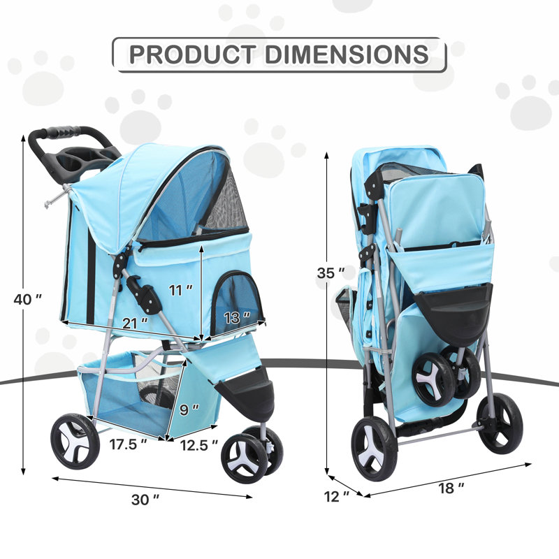 Foldable Pet Stroller, 3 Wheels Folding Carrier Jogger Stroller for Dogs Cats with Canopy and Basket, Blue/Solid