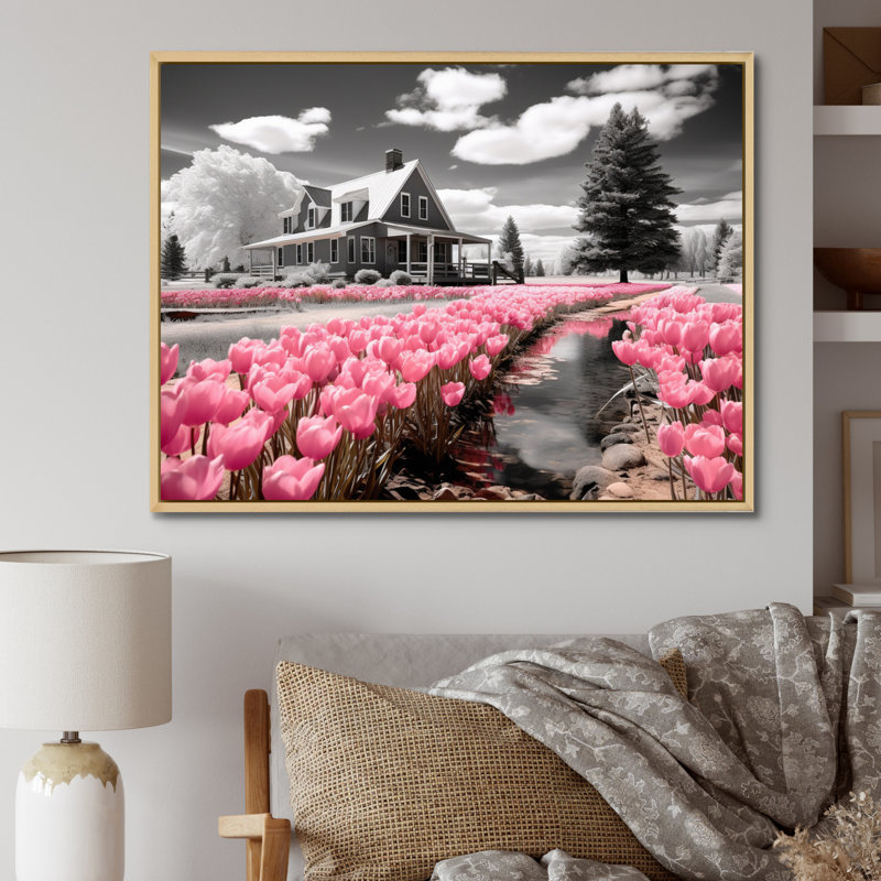 " Pink Farmhouse Frontyard Oasis ", Natural Floater Framed, 30" H x 40" W x 1.5" D