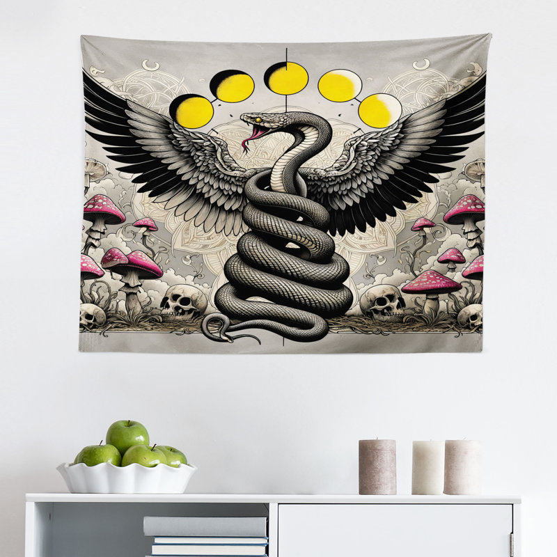 Winston Porter Gothic Wall Hanging Tapestry Dark Dream Wingy Snake Skull Mustard Pink Grey Yellow, H 23 po x l 28 po