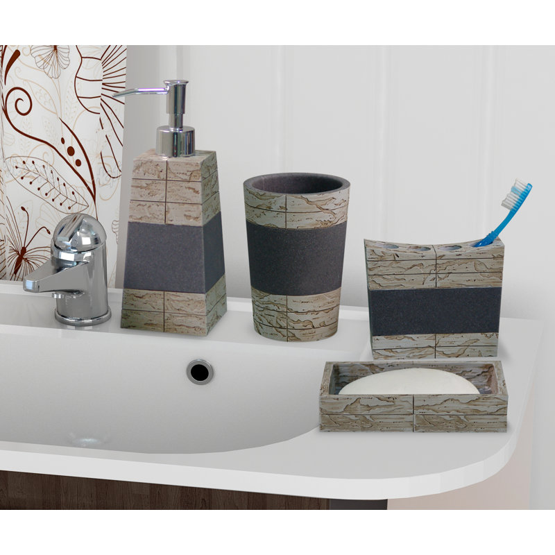 Stone & Cement Bath Essentials Set - Soap Dish, Toothbrush Holder, Tumbler, Dispenser - Rustic Bathroom Decor - 4 Piece Accessory Kit