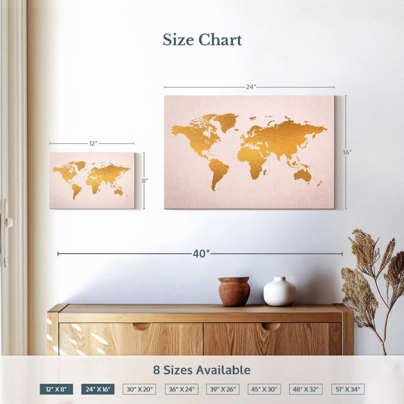 Or Aliaz sur une carte du monde rose, H 16 po x l 24 po