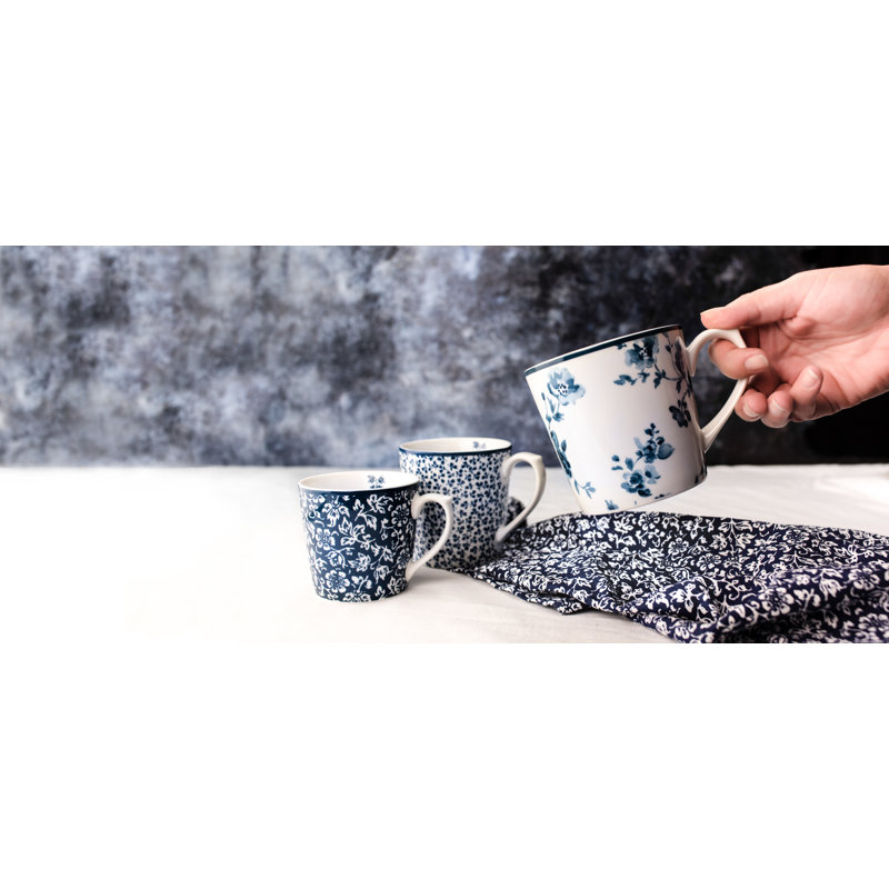 Set of 4 Blue and White Ceramic Floral Mugs
