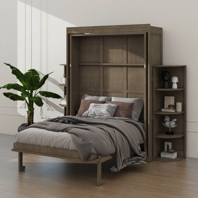 Rotating Murphy Bed With Sleek Hidden Wall Unit, Two Practical 3-Tier Side Racks, Functional Desk, Extra Spacious Storage Shelves, Elegant Wall Bed Cabinet