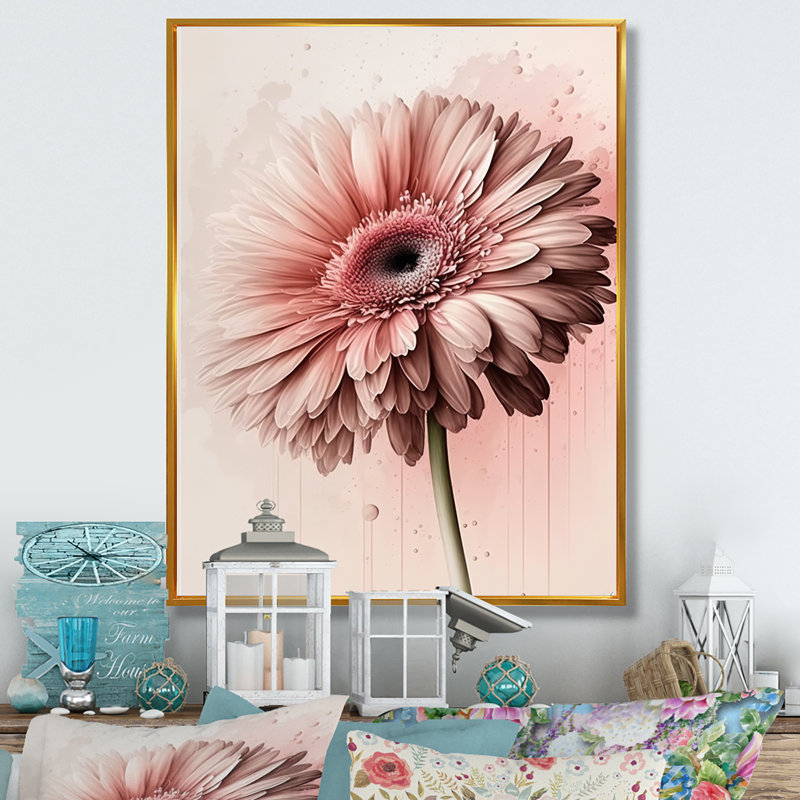 «Pink Gerbera Flowers II», reproduction sur toile, L 16 po x H 32 po, Toile avec cadre flottant or