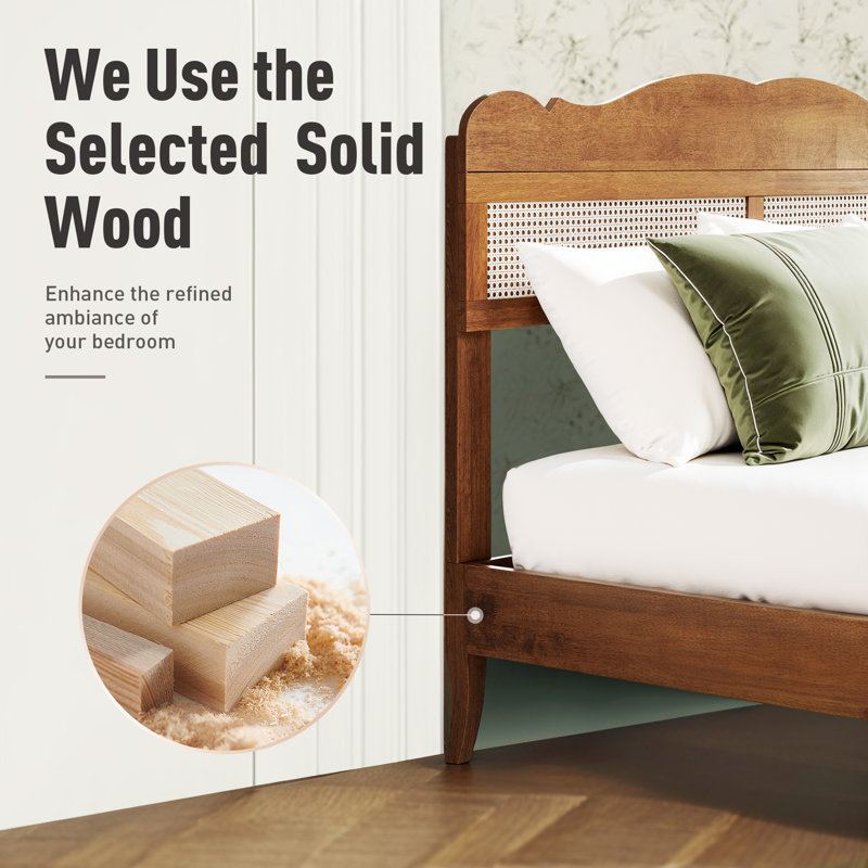 Retro Rattan-wood Blend Solid Rubber Wood Curved Bed Frame With Tool-free Hook And Loop Fastener Assembly & One-piece Silent Support Structure